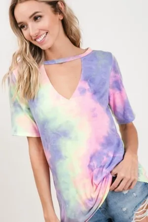 Choker neck tie-dye print casual top - Lavender Multi